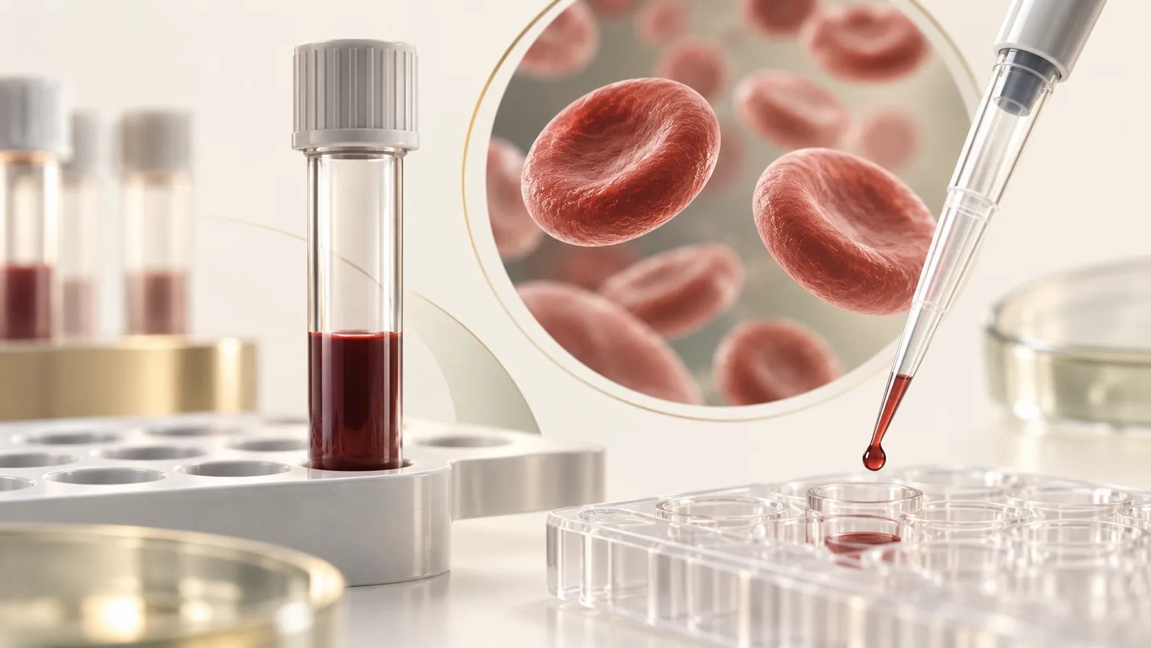 Medical illustration of a blood sample, pipette and red blood cells for biomarker testing in Milton Keynes