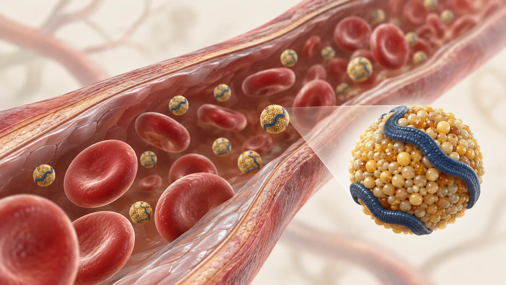 Medical illustration of lipoprotein particles and red blood cells in a vessel for ApoB assessment in Milton Keynes
