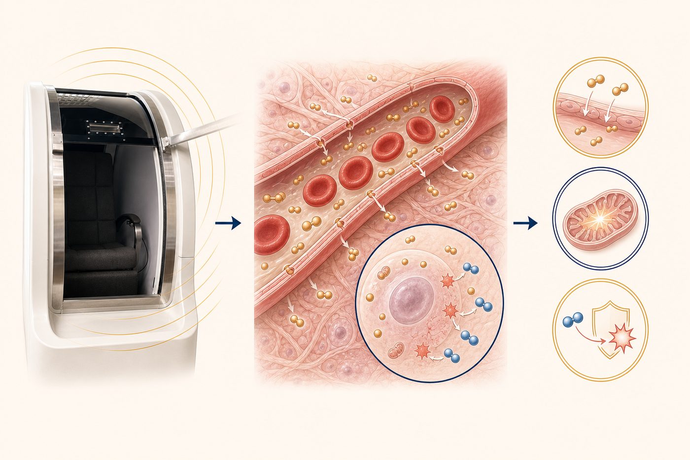 Illustration showing a mild hyperbaric chamber, a cross-section of oxygen diffusing from a capillary into tissue with hydrogen molecules buffering oxidative by-products at the cell, and three icons for oxygen delivery, mitochondrial energy production and antioxidant buffering.