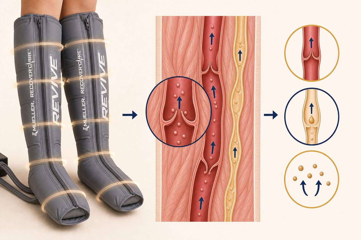 Illustration showing compression boots inflating in a wave from foot to hip, a cross-section of venous and lymphatic return, and icons for circulation, lymphatic drainage and metabolic by-products.