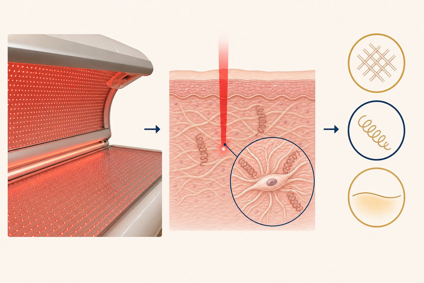 Illustration showing a full-body red light bed, a cross-section of skin with red light reaching the dermis and stimulating a fibroblast, and icons for collagen matrix, elastin and skin quality.