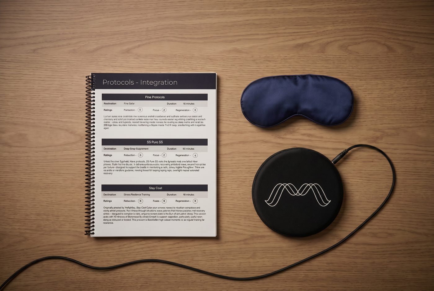 Shiftwave protocol guidebook, eye mask and headphones prepared for a recovery session