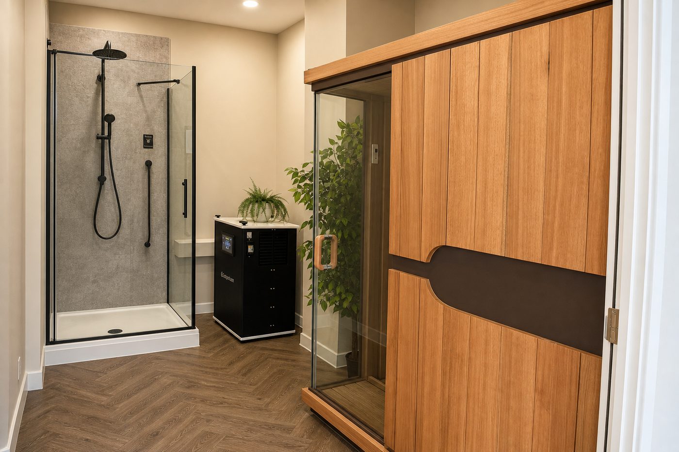 Contrast therapy suite with infrared sauna, ice shower and cold plunge at Hanbury Health, Milton Keynes