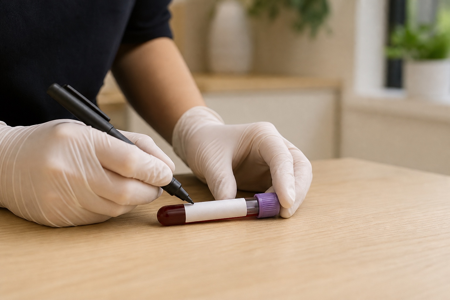 Blood sample being labelled during Healthspan biomarker testing at Hanbury Health, Milton Keynes