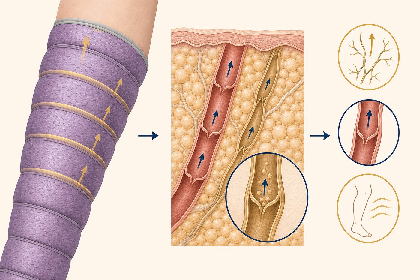 Illustration showing a lymphatic drainage suit with sequential chambers on the limb, a cross-section of venous and lymphatic vessels, and icons for whole-body drainage, venous return and eased heaviness.