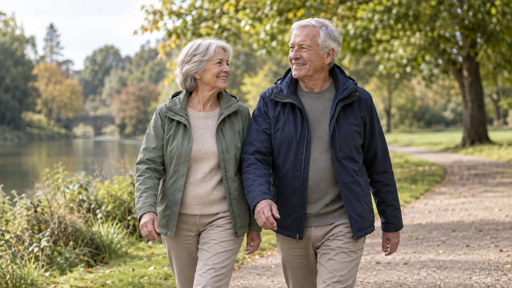 Active older couple walking outdoors, illustrating the HealthSpan approach to longevity medicine in Milton Keynes