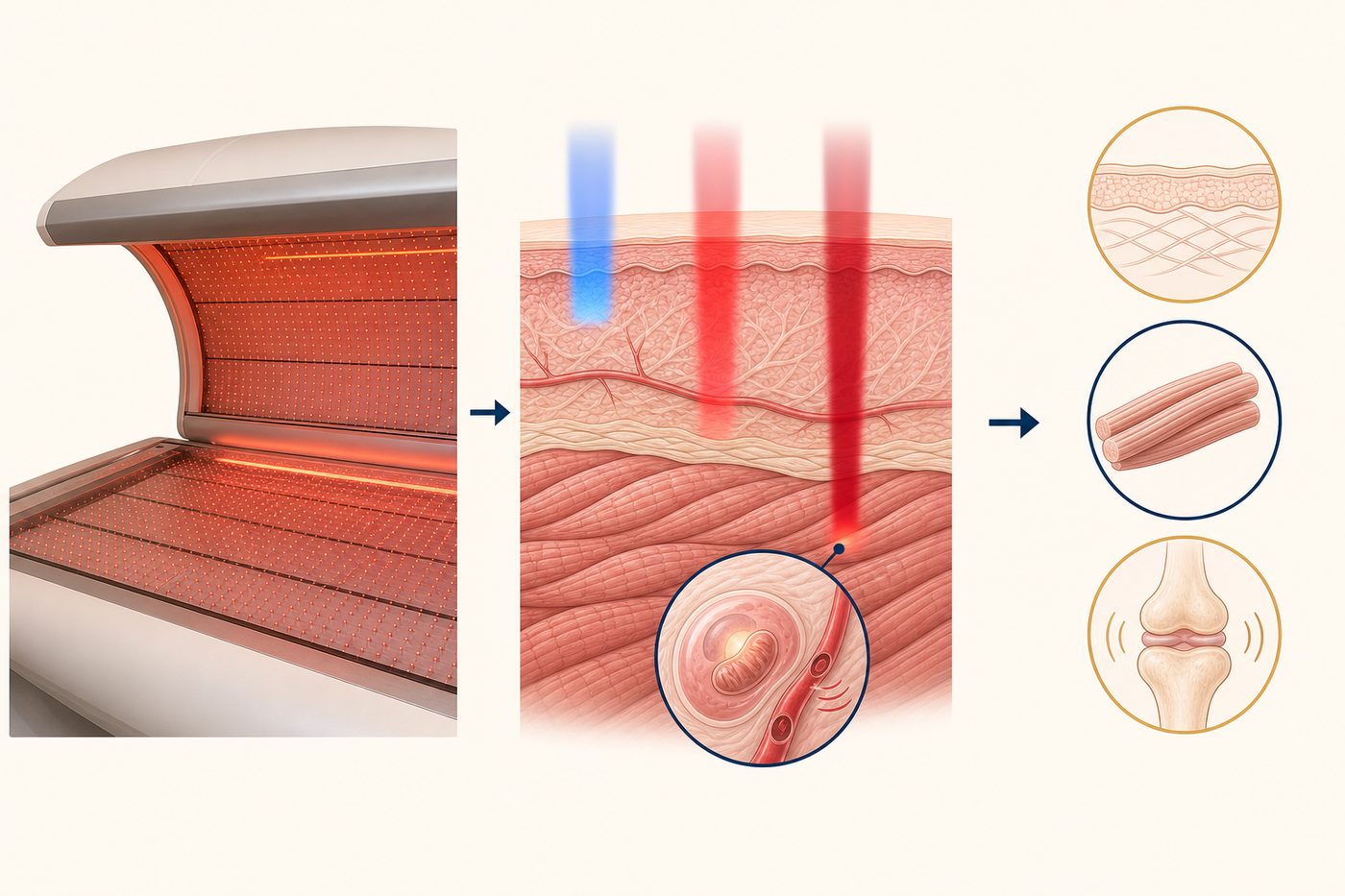 Illustration showing a full-body red light bed, a cross-section of skin and tissue with blue, red and near-infrared light reaching different depths, and icons for skin, muscle and joints.
