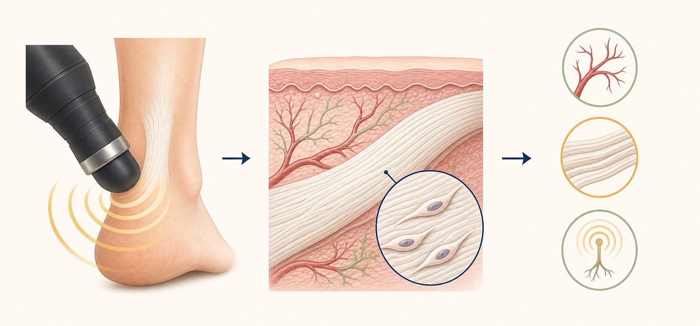 Illustration showing a shockwave handpiece delivering pressure waves into the Achilles tendon, a cross-section of the tissue response, and three icons for circulation, tissue repair and pain relief.