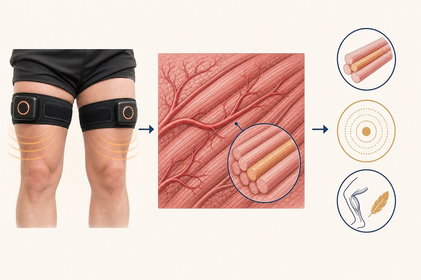 Illustration showing BFR cuffs applied to the thighs, a cross-section of muscle tissue with restricted blood flow, and three icons for fibre recruitment, protein synthesis and strength adaptation.