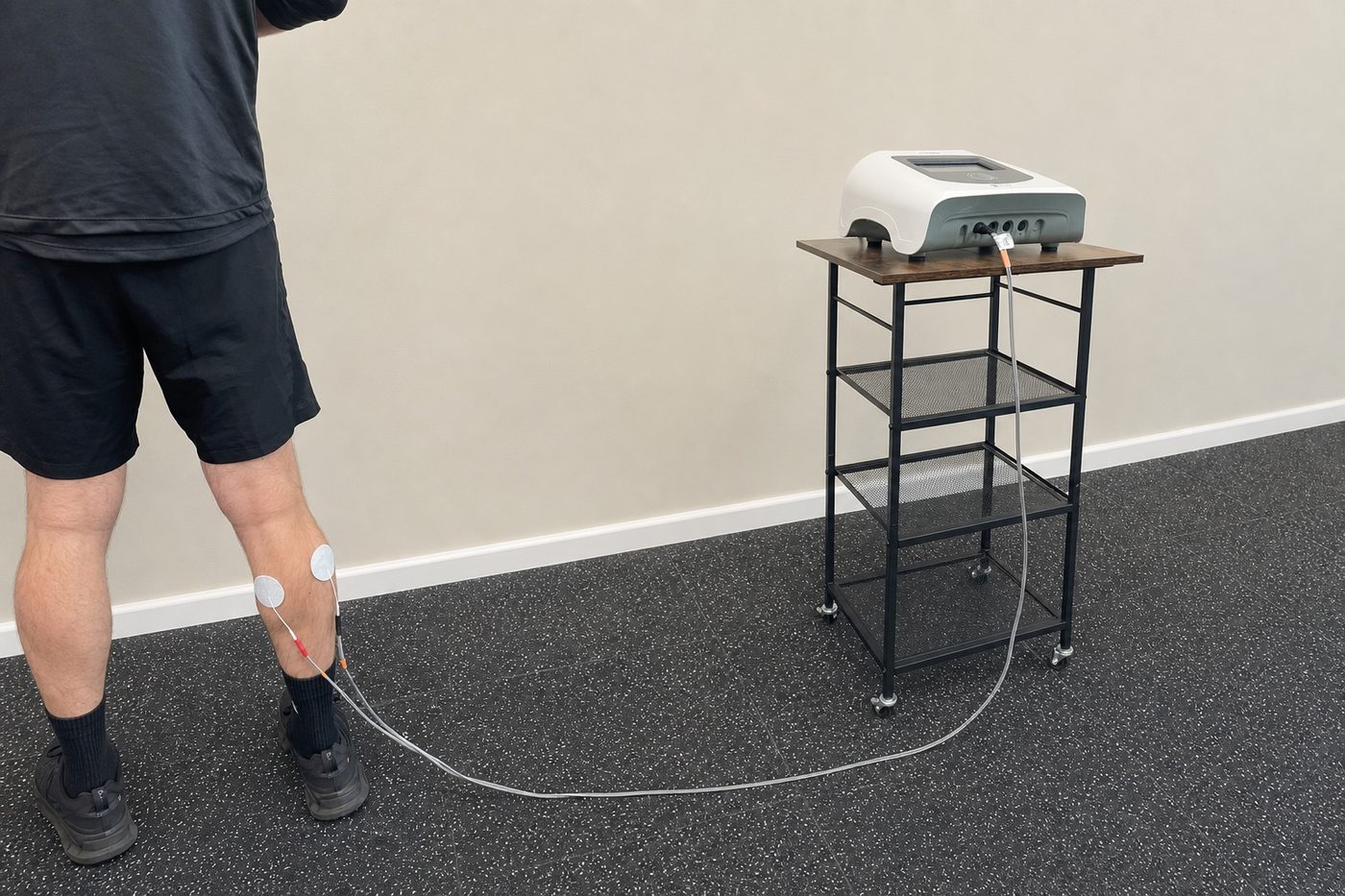 Electrodes applied to a patient's calf, connected to a NEUBIE neuromuscular stimulation unit.