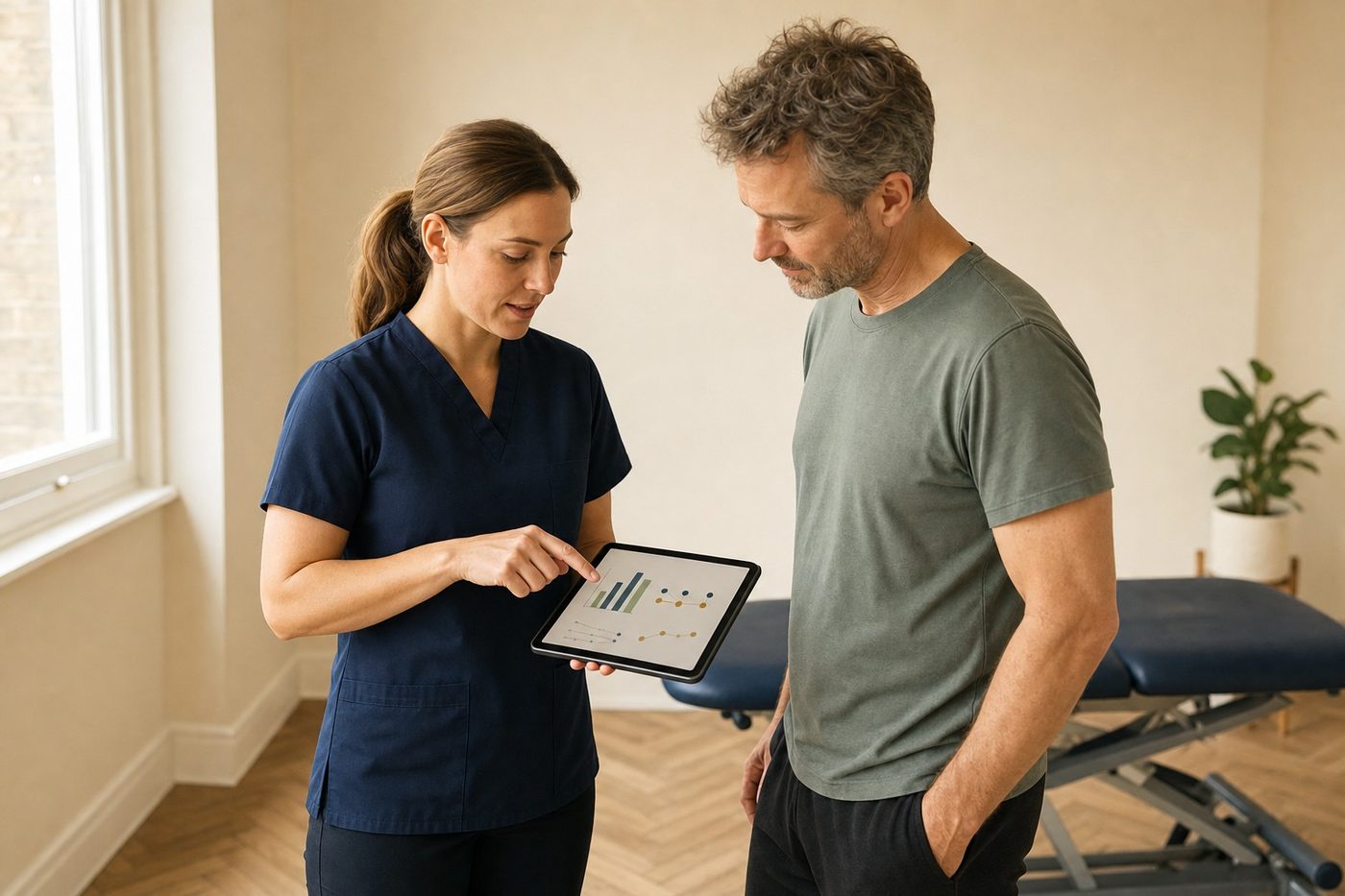 Physiotherapist reviewing objective test results with a client at Hanbury Health, Milton Keynes